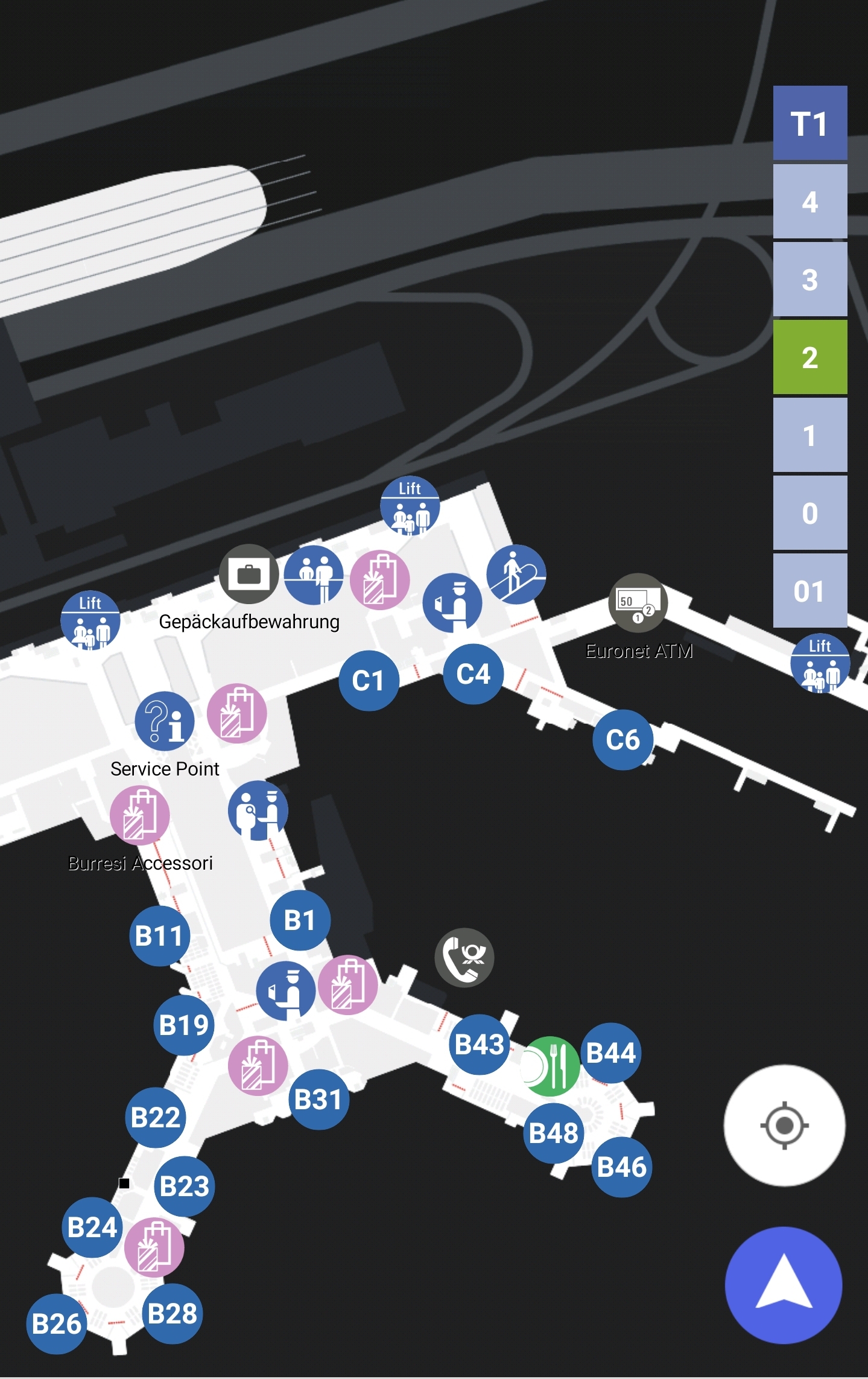 Karten Maps Terminal 1 mit Ebene 2 und Gates B C am Flughafen Frankfurt Airport FRA